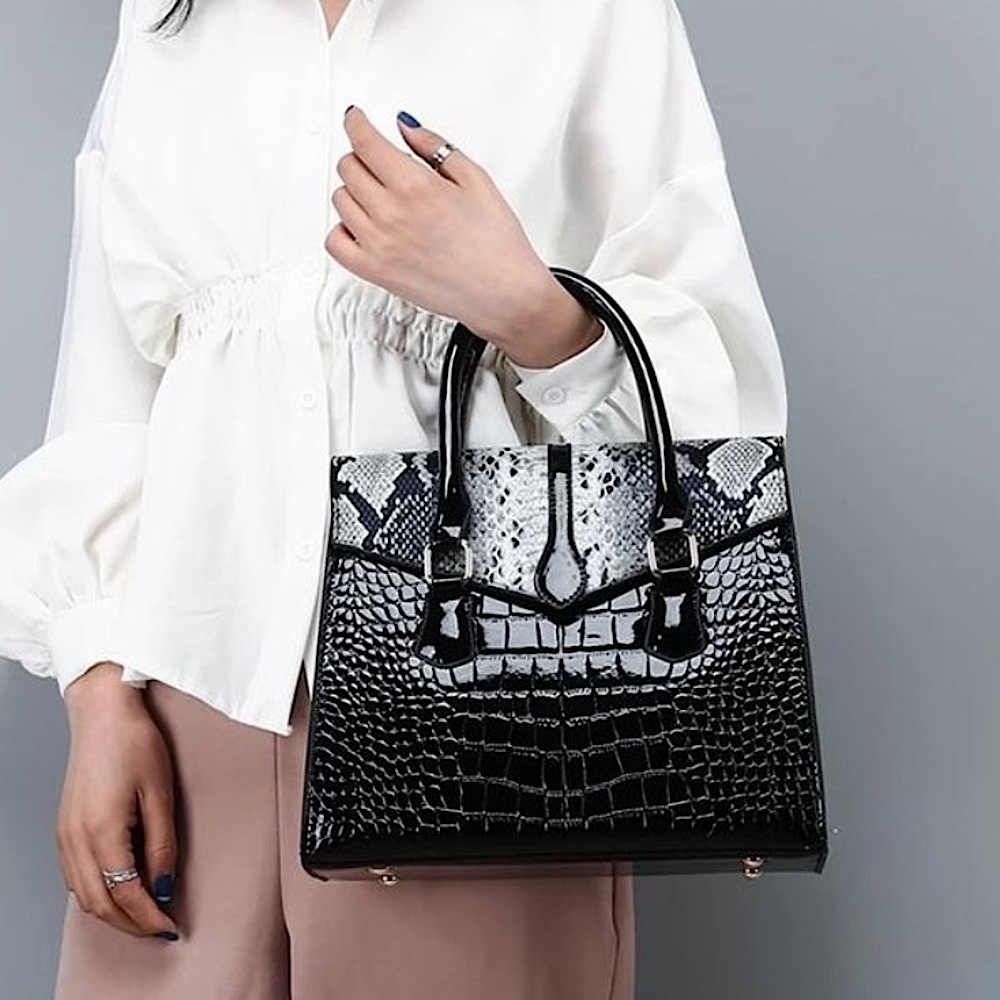 Freya Black and White Croc-Embossed Structured Tote